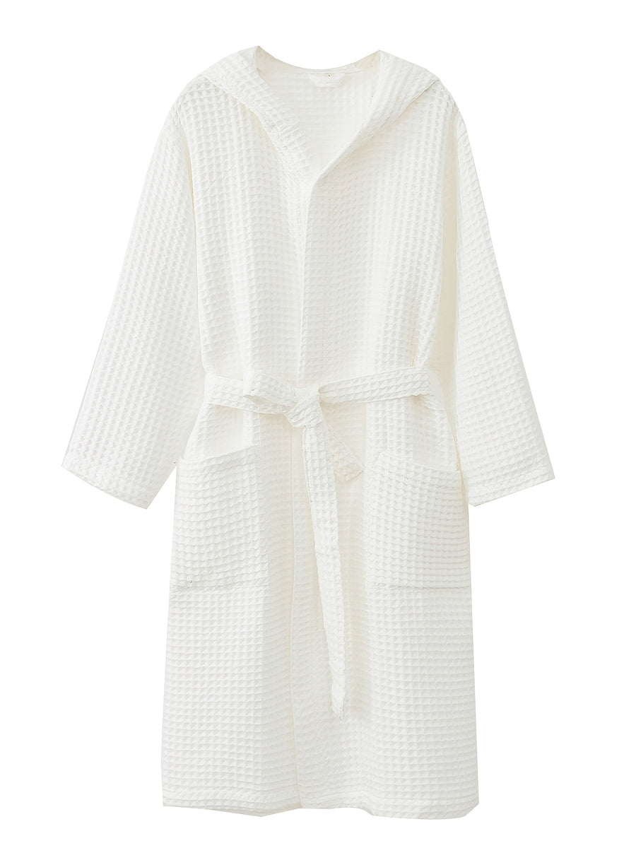 A 100% Waffle- Hooded Bathrobe with Quick-absorbing and Excellent Warmth Properties, Ideal for Bathing, Swimming, and Vacation Wear. Suitable for Sleeping. Features a Very Loose Fit. Perfect as a Holiday Gift for Family, Friends, or Partners - White