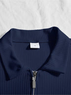 Autumn Men'S Ribbed Long Sleeve Polo Shirt Print Half-Zip Stand Collar Slim Fit Breathable T-Shirt - Navy Color