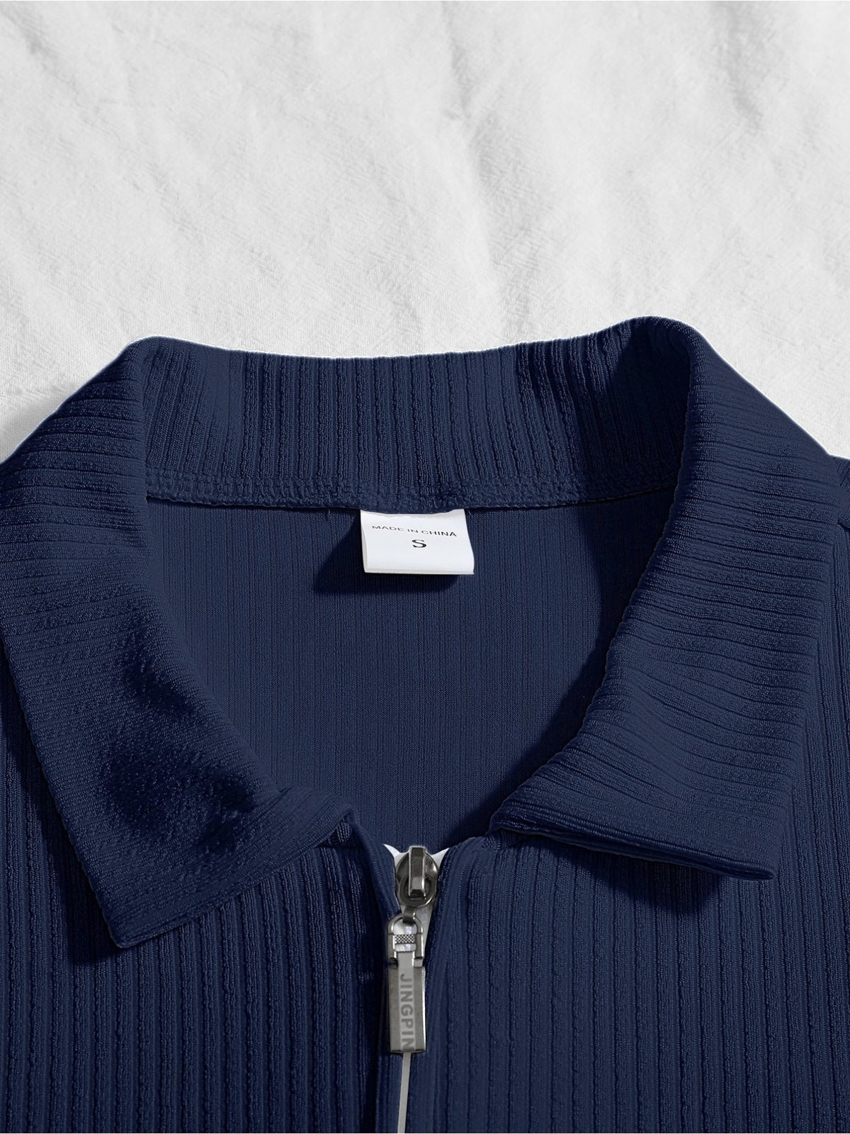 Autumn Men'S Ribbed Long Sleeve Polo Shirt Print Half-Zip Stand Collar Slim Fit Breathable T-Shirt - Navy Color