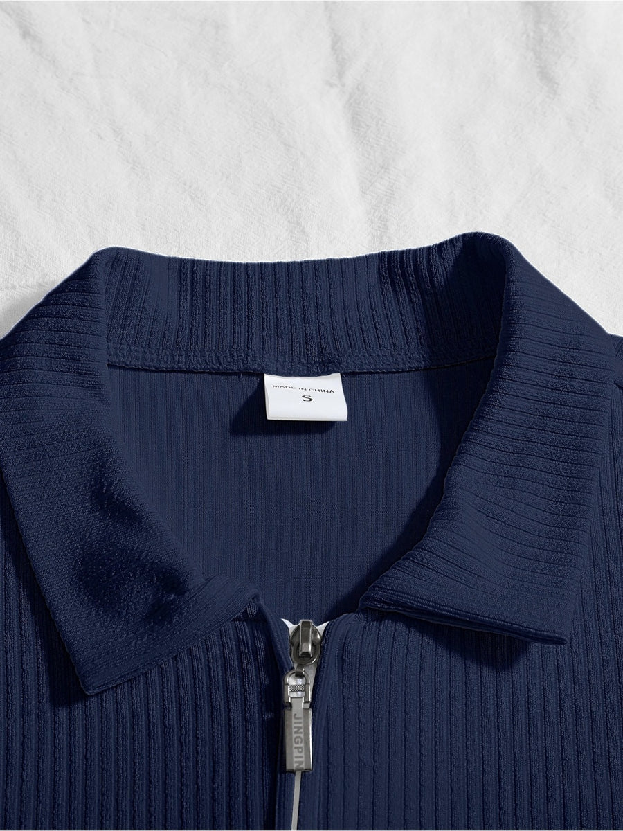 Autumn Men'S Ribbed Long Sleeve Polo Shirt Print Half-Zip Stand Collar Slim Fit Breathable T-Shirt - Navy Color