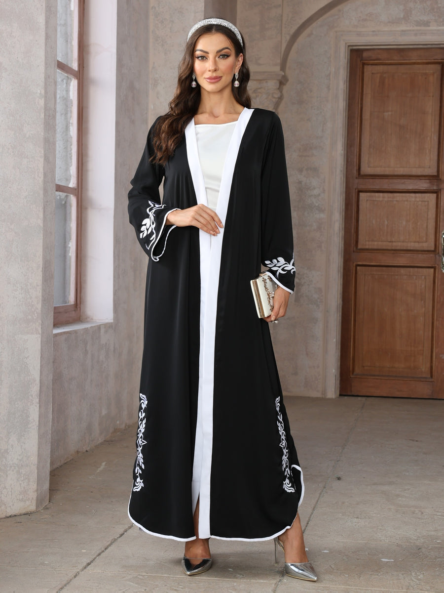 Middle Eastern Women'S Elegant Long Dress Black Embroidered Cape Robe - Black