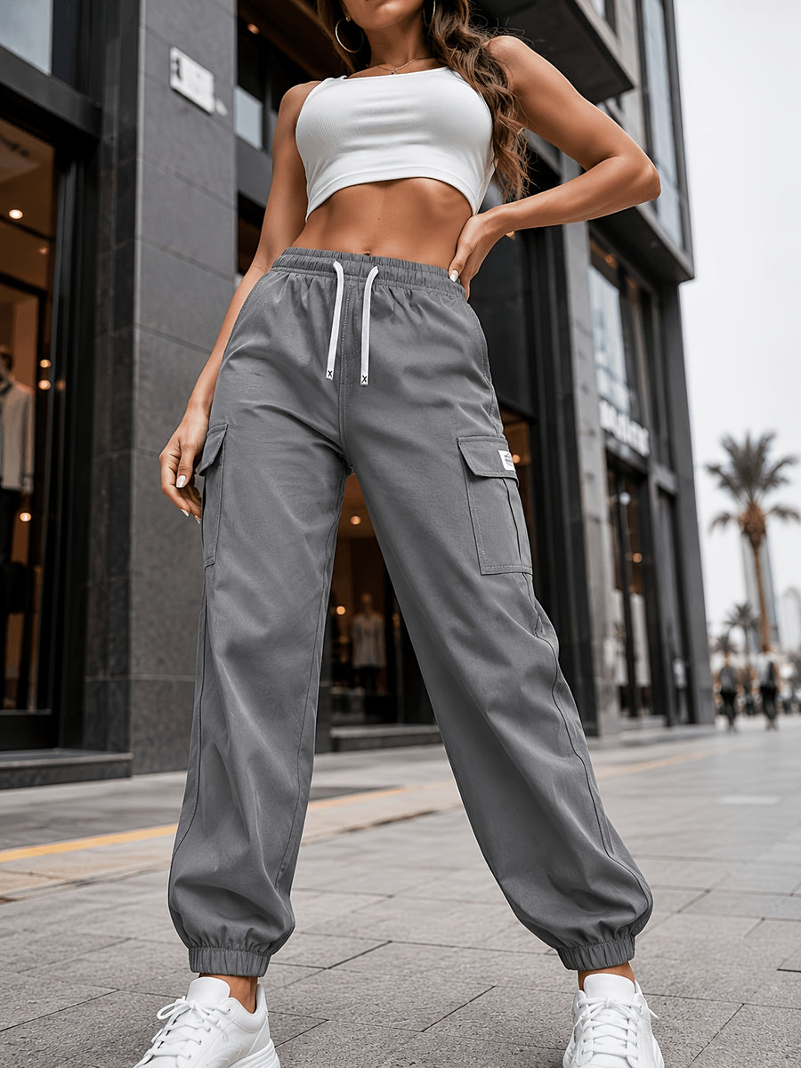New Women'S Ankle-Cinching Cargo Pants, Side Flap Pocket Drawstring Elastic Waist Long Trousers, Multi-Pocket Casual Street Style Pants, Outdoor Hiking Bottoms - Gray