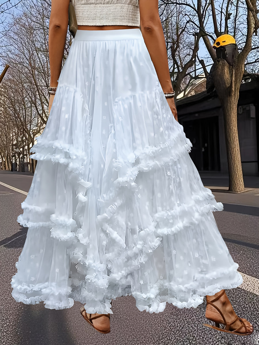 A French-Style A-Line Dress for Women, Featuring Layered Ruffles in White And a Long Length, Suitable for Casual to Formal Occasions in Spring, Summer, And Autumn. This Cute Dress Is Made of Lightweight, Breathable Fabric - White