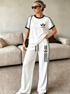 2pcs Women's Short Sleeve and Long Pants Set, Standard Size, Printed Color-Blocked, Comfortable and Soft, for Outings, Leisure, and Sports, with Long Sweatpants and Short Sleeve Top - White