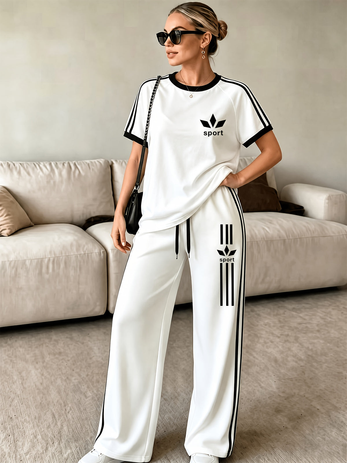2pcs Women's Short Sleeve and Long Pants Set, Standard Size, Printed Color-Blocked, Comfortable and Soft, for Outings, Leisure, and Sports, with Long Sweatpants and Short Sleeve Top - White