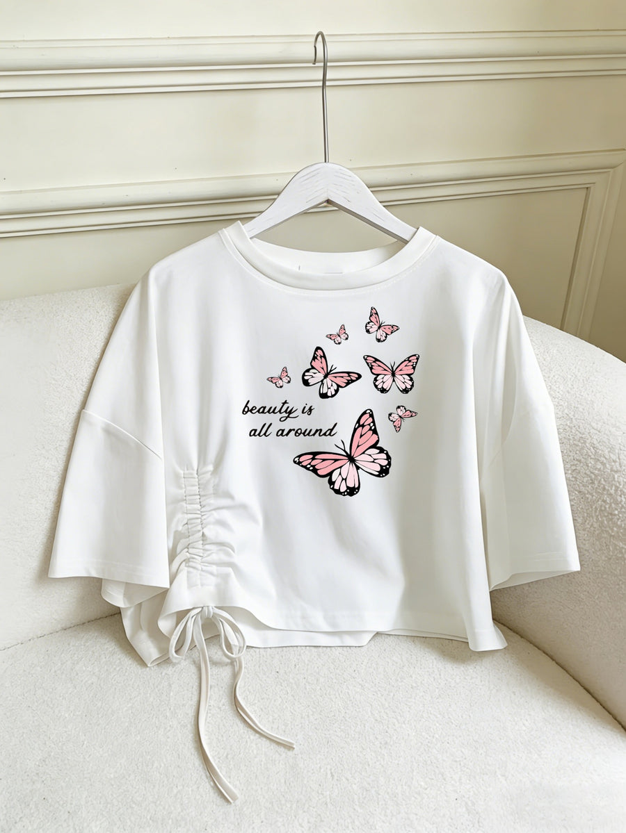Women's Pink Butterfly & "Beauty Is All Around" T-Shirt - Loose-Fit Short Sleeve Top with Drop Waist Hem, Soft Machine Washable -Compatible Tee Suitable for Travel, Beach, Commuting, Casual Outfits - White