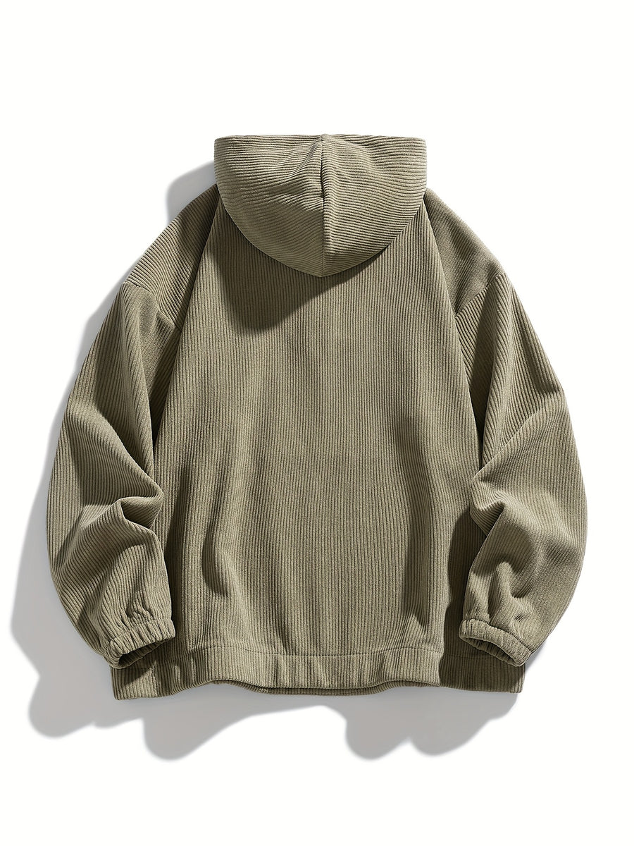 Autumn and Winter Fashion Corduroy Hooded Sweatshirt, Men's Loose Half-Zip Pullover Hoodie - Gray Green