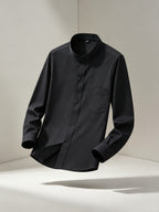 Men'S Mandarin Collar Long Sleeve Dress Shirts, Full Single Button Shirts with Chest Pocket, Solid Color Business & Daily Casual Tops - Black