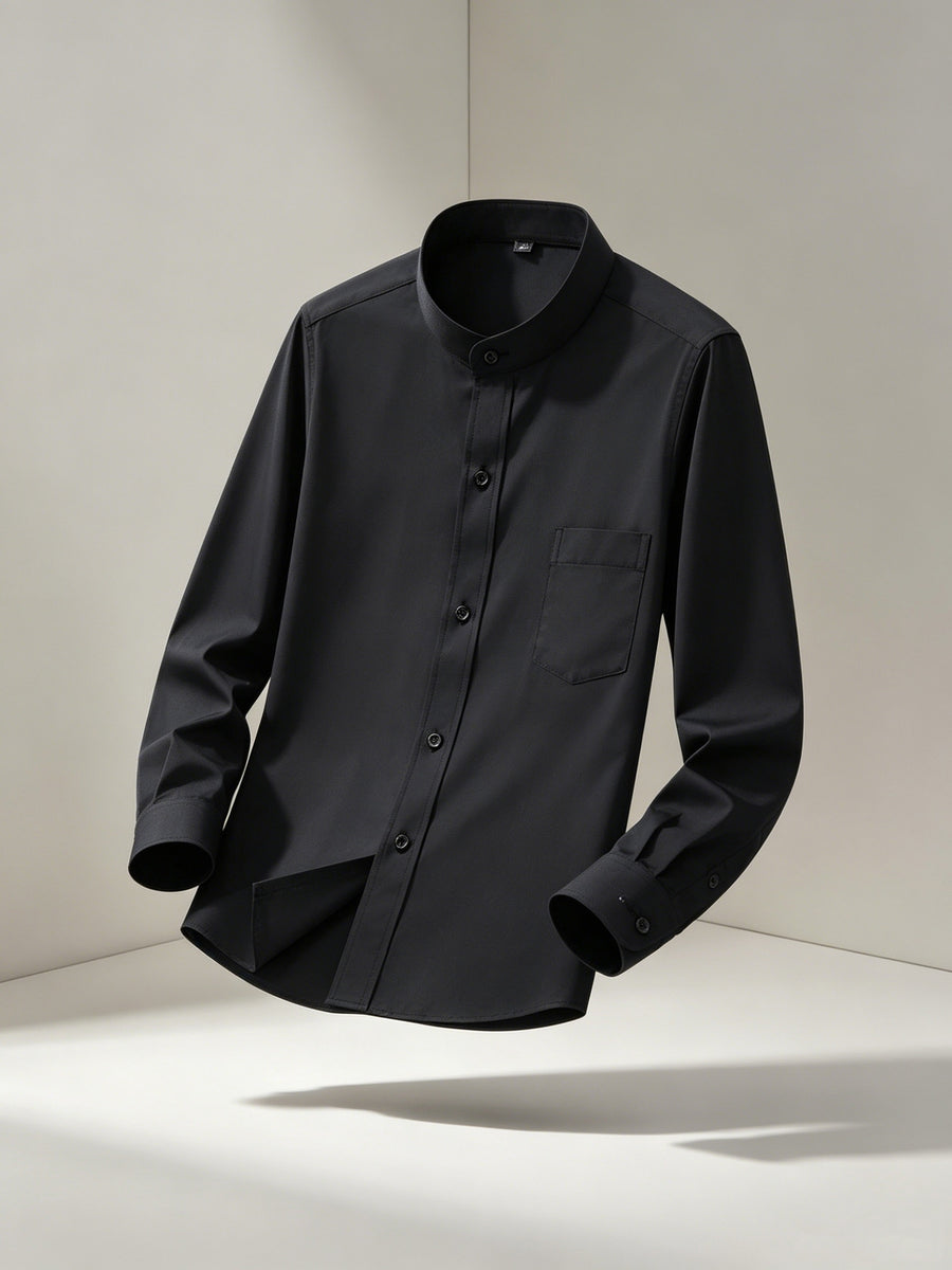 Men'S Mandarin Collar Long Sleeve Dress Shirts, Full Single Button Shirts with Chest Pocket, Solid Color Business & Daily Casual Tops - Black