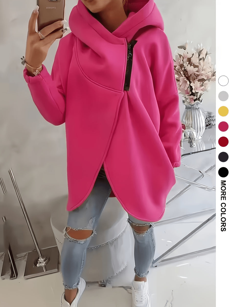 Plus Size, New European and American Women's Plus Size Hooded Sweatshirt with Full Front Zipper, Fashionable Asymmetric Hem Slit, Wide and Comfortable, Breathable, Thick and -Lined, Loose Fit, Long Sleeve, Warm for Autumn and Winter - Pink Color