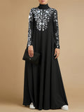 Women's Middle Eastern Long Robe Long Sleeve Crew Neck Elegant Floor-Length Printed Dress - Black