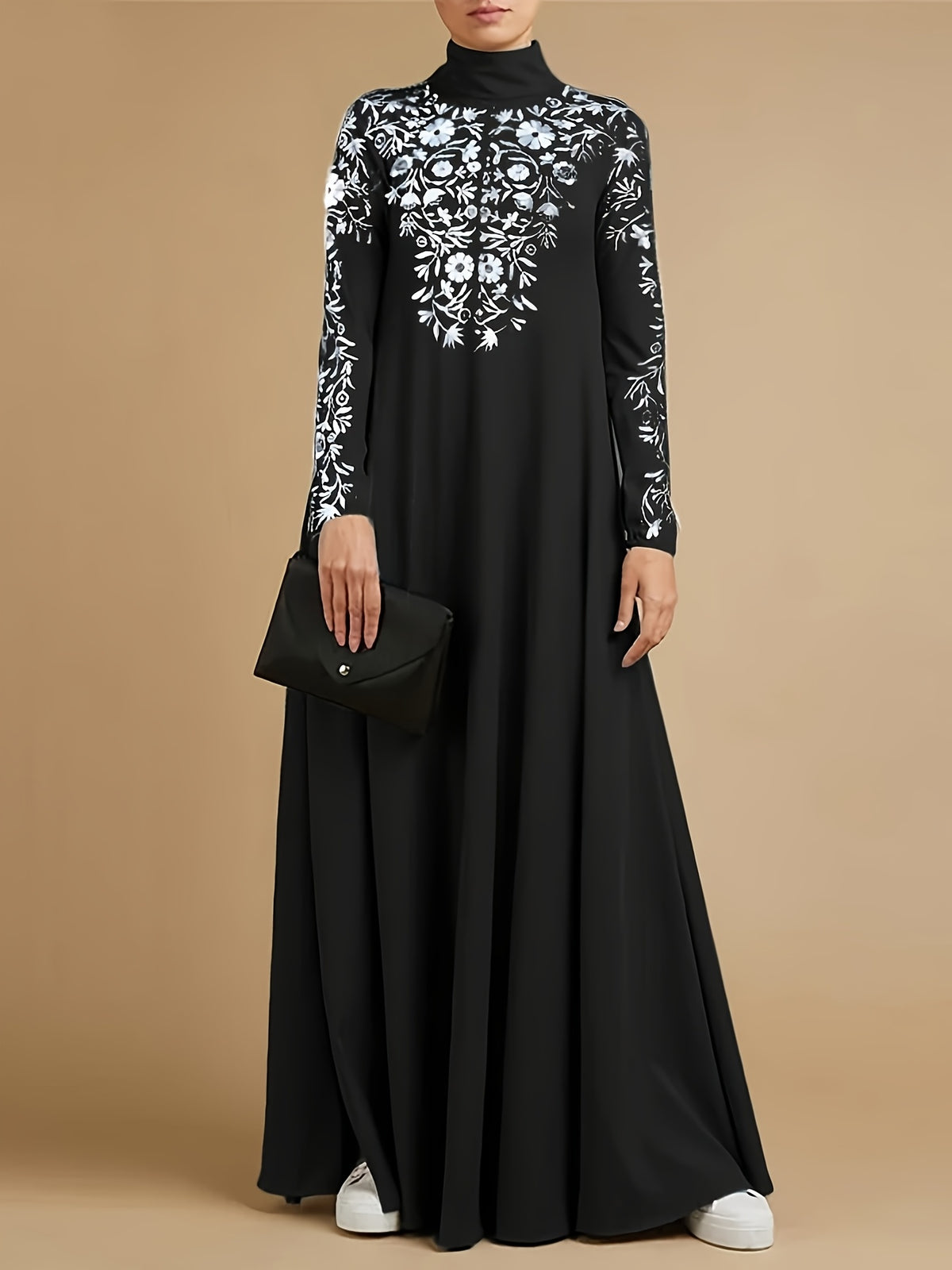 Women's Middle Eastern Long Robe Long Sleeve Crew Neck Elegant Floor-Length Printed Dress - Black