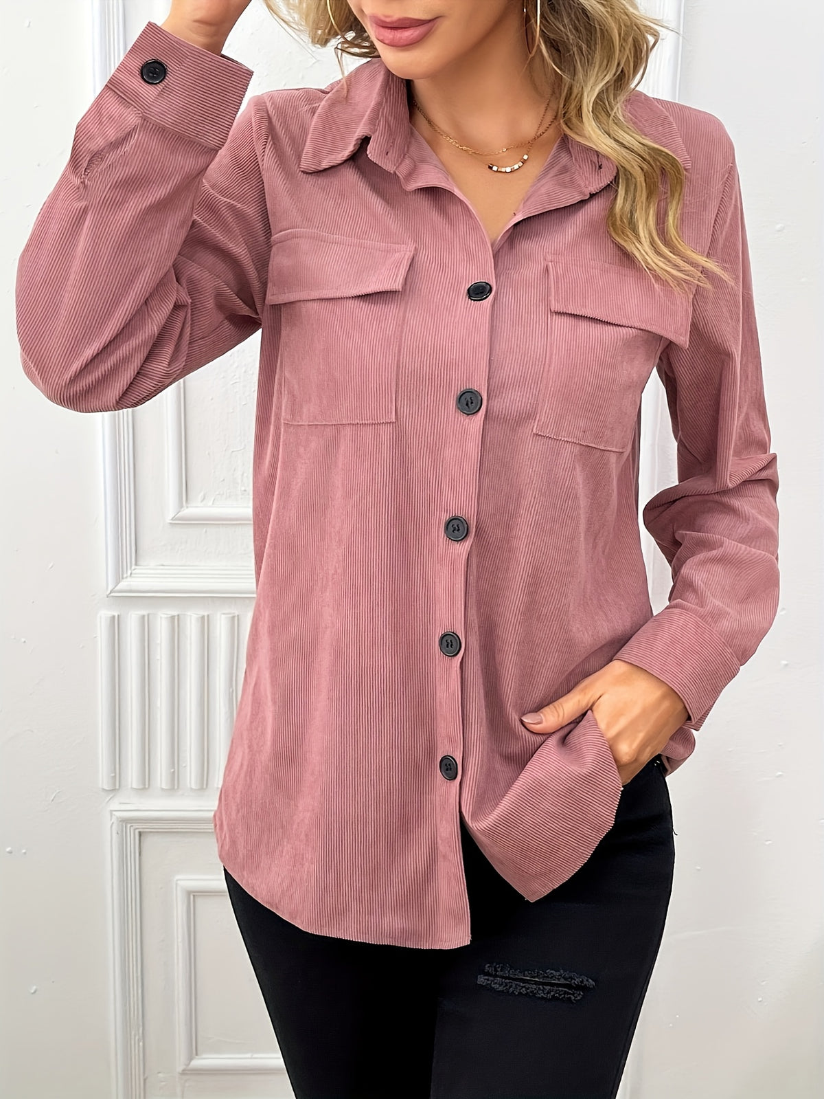 Elegant Casual Solid Color Ribbed Shirt for Women - Long Sleeve, Button-Up with Chest Pocket, Light Pink, Perfect for Spring/Summer, Spring Fashion Top | Classic Collar Design | Nonelastic Fabric - Pink