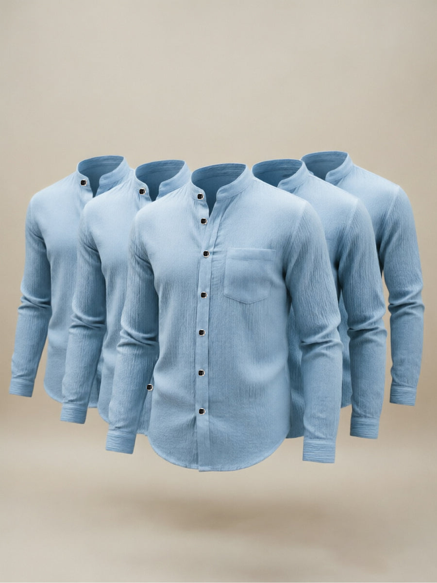 5pcs Men's  Long-Sleeve Shirts - Lightweight and Breathable Fabric with Pockets, Suitable for Summer Outdoor Walks and Vacation Wear, Ideal Gift, Casual Style, Durable Construction, Essential Travel Set - Sky Blue