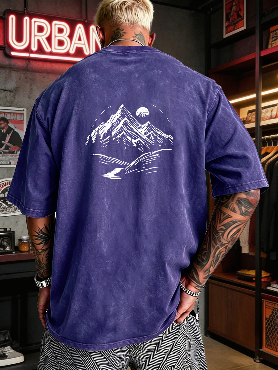 Men's Heavyweight T-Shirt Washed Distressed Fashion Print 2026 Summer New Urban High Street Hiphop Style Vintage Acid Wash Casual Gym Workout Top Pure Cotton Breathable Base Shirt - Royal Blue