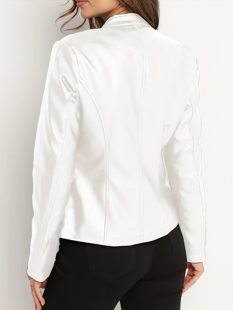 Women's Elegant PU Jacket - 2025 New Style Women's Jacket Outerwear - Full Zip Long Sleeve Motorcycle Biker Jacket for Women, Spring, Autumn, Winter Outerwear, Suitable for Casual and Formal Wear, Durable, Structured Fit, Stand Collar - White