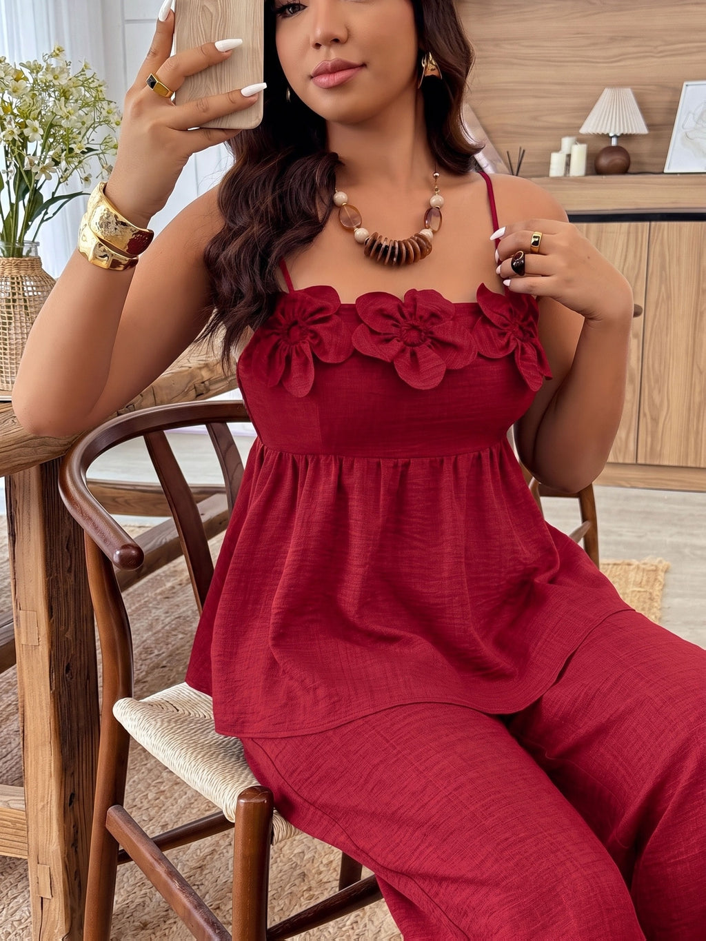 Women'S Solid Color Thin Strap Ruffled Elegant Pullover Sweater And Straight Solid Color Long Pants, Summer New Casual to Formal Wear, Designer Style, Beautiful Two-Piece Pants Set - Red