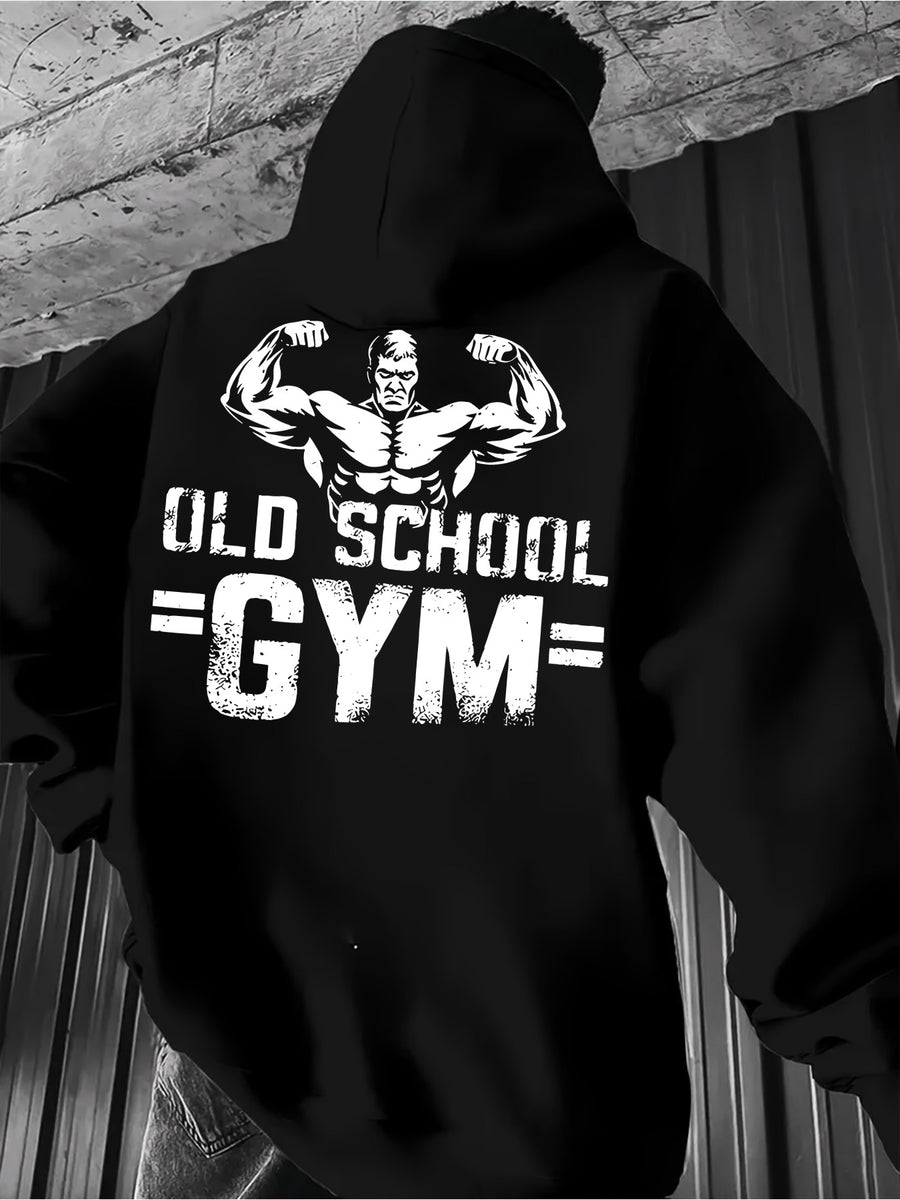 Men's Casual Sweatshirt with Letter Print, Drawstring Hood, Long Sleeve Pullover with Pocket - Black