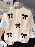 Black Bow Pearl Graphic Print Short-Sleeve T-Shirt, Comfortable Casual Top, Multiple Sizes Available, Perfect for Daily Wear And Weekend Outdoor - White