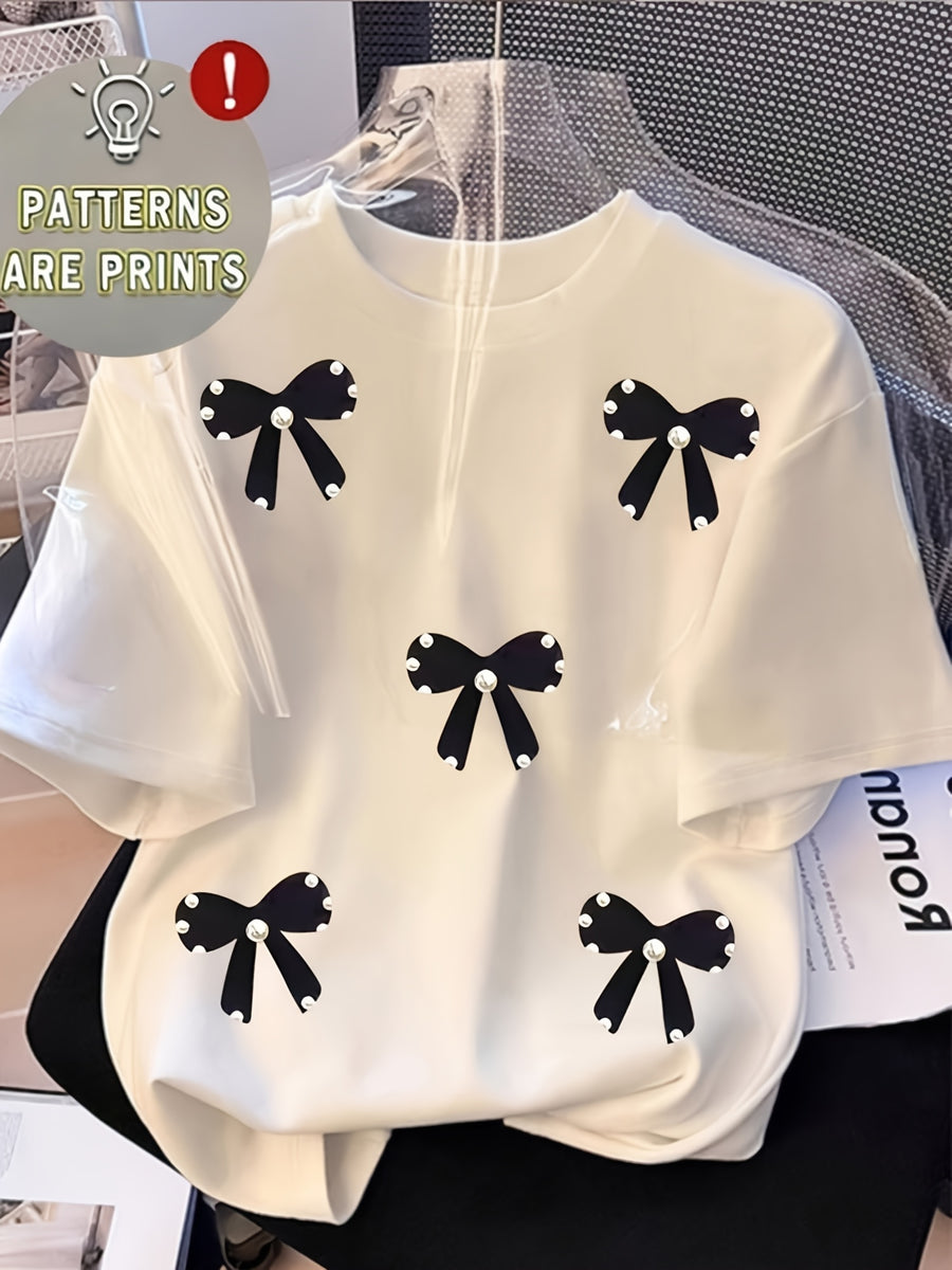 Black Bow Pearl Graphic Print Short-Sleeve T-Shirt, Comfortable Casual Top, Multiple Sizes Available, Perfect for Daily Wear And Weekend Outdoor - White