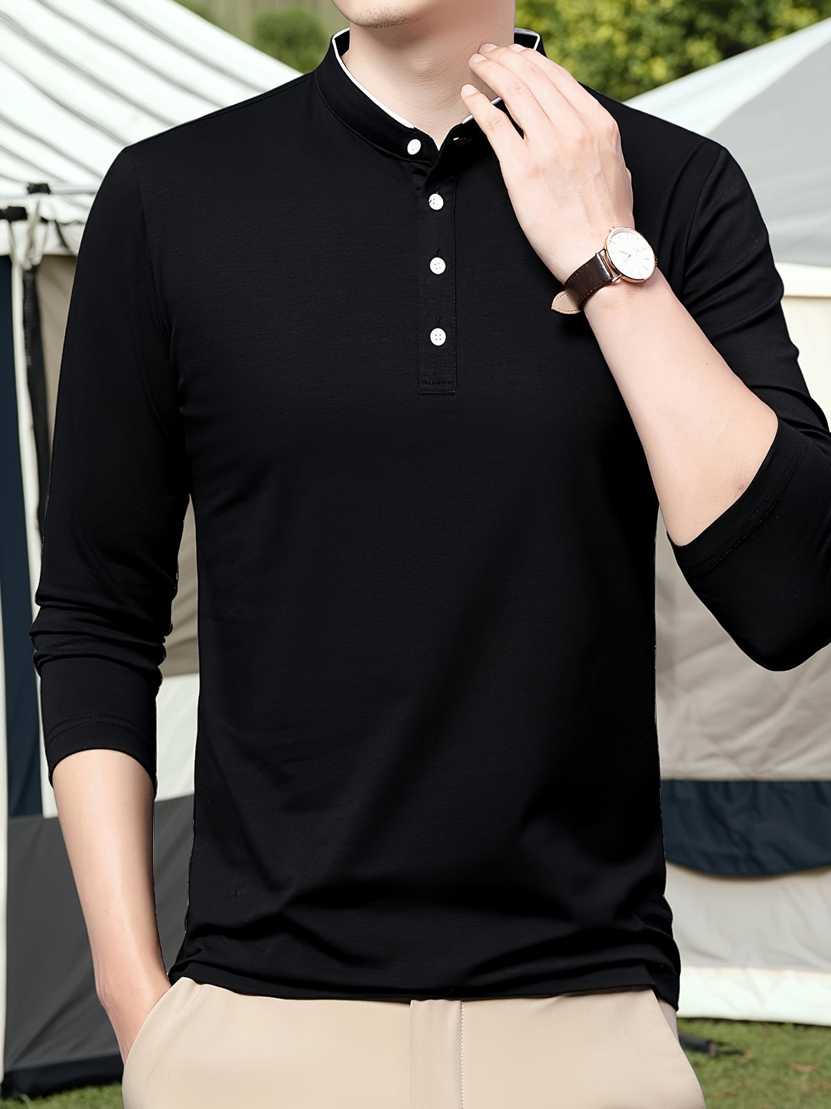 New Spring/Autumn Men's Stand Collar Long Sleeve T-Shirt, Casual Business, Dad's Outfit, Pure Top, Holiday Gift - Soot Black