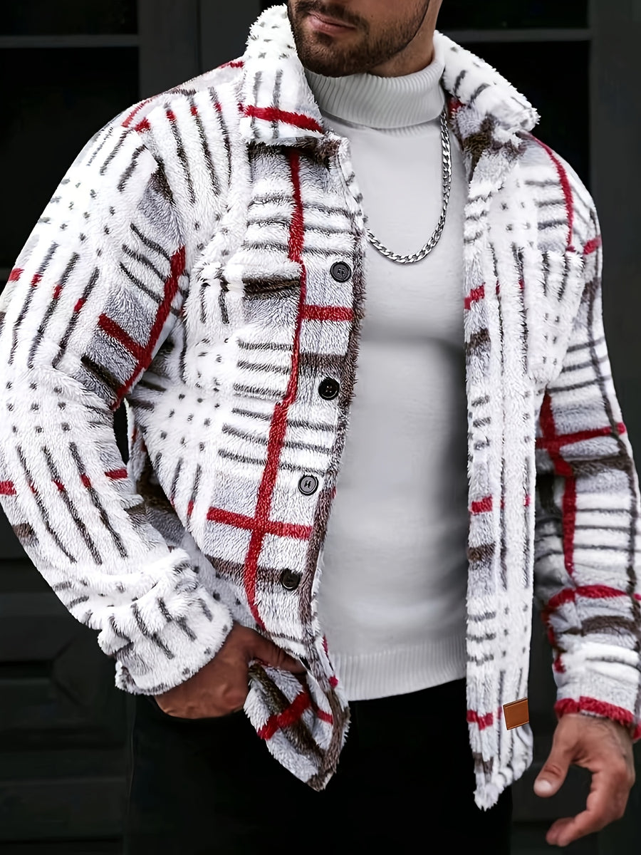 Men's Casual Color-Block Plaid Lapel Warm Outer Jacket with Double Front Pockets, Brown Label on the Lower Right Front, for Casual Outdoor Wear in Autumn and Winter - Multicolor