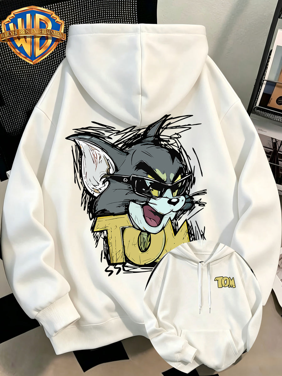 WB Men's. Official Licensed Hooded Sweater Hoodie - Retro Print (Loose Fit Hooded with Iconic WB), Machine Washable Casual Sweater Suitable for Fall/Winter, Daily Wear & for or Outings - White