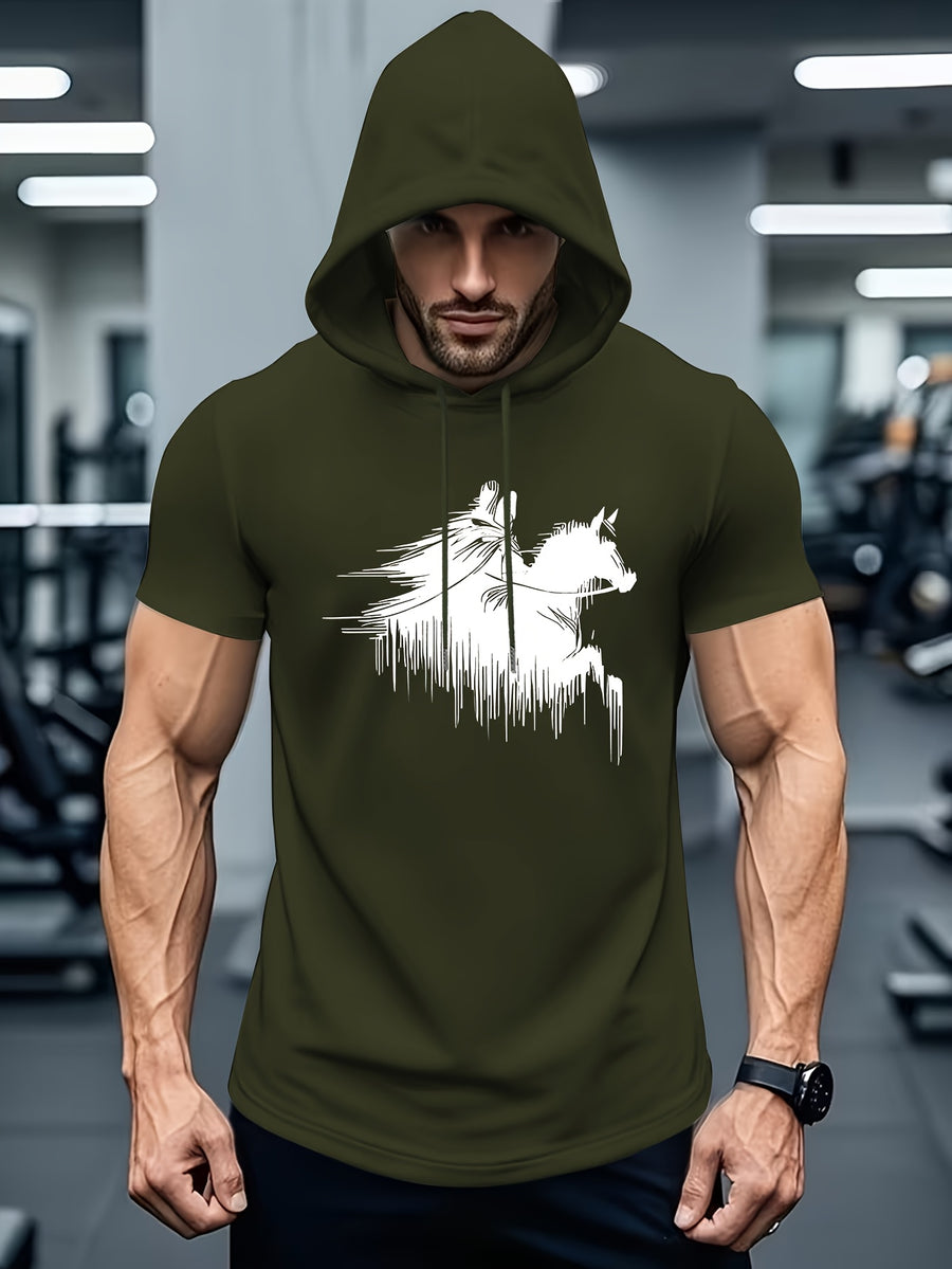 Knight Silhouette Print Men'S Short Sleeve Hoodie, Powerful Line Art Style, Black Background with Knight And Galloping Horse Silhouettes, Equestrian Enthusiasts, Daily Commute Multi-Scene Versatile Individual Top - Army Green