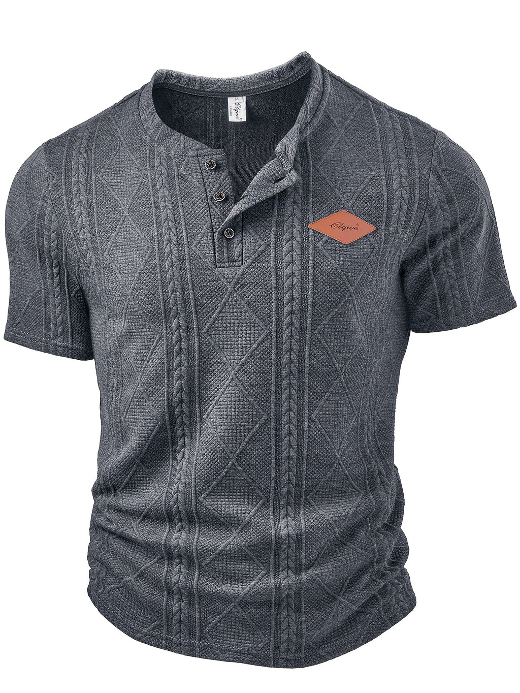 Men's Fashion Top, Spring/Summer Outdoor Casual Textured Jacquard Fabric, Round Neck Single-Breasted Button Henley Shirt with Patch Pocket and Short Sleeves - Dark Gray