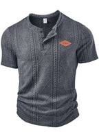 Men's Fashion Top, Spring/Summer Outdoor Casual Textured Jacquard Fabric, Round Neck Single-Breasted Button Henley Shirt with Patch Pocket and Short Sleeves - Dark Gray