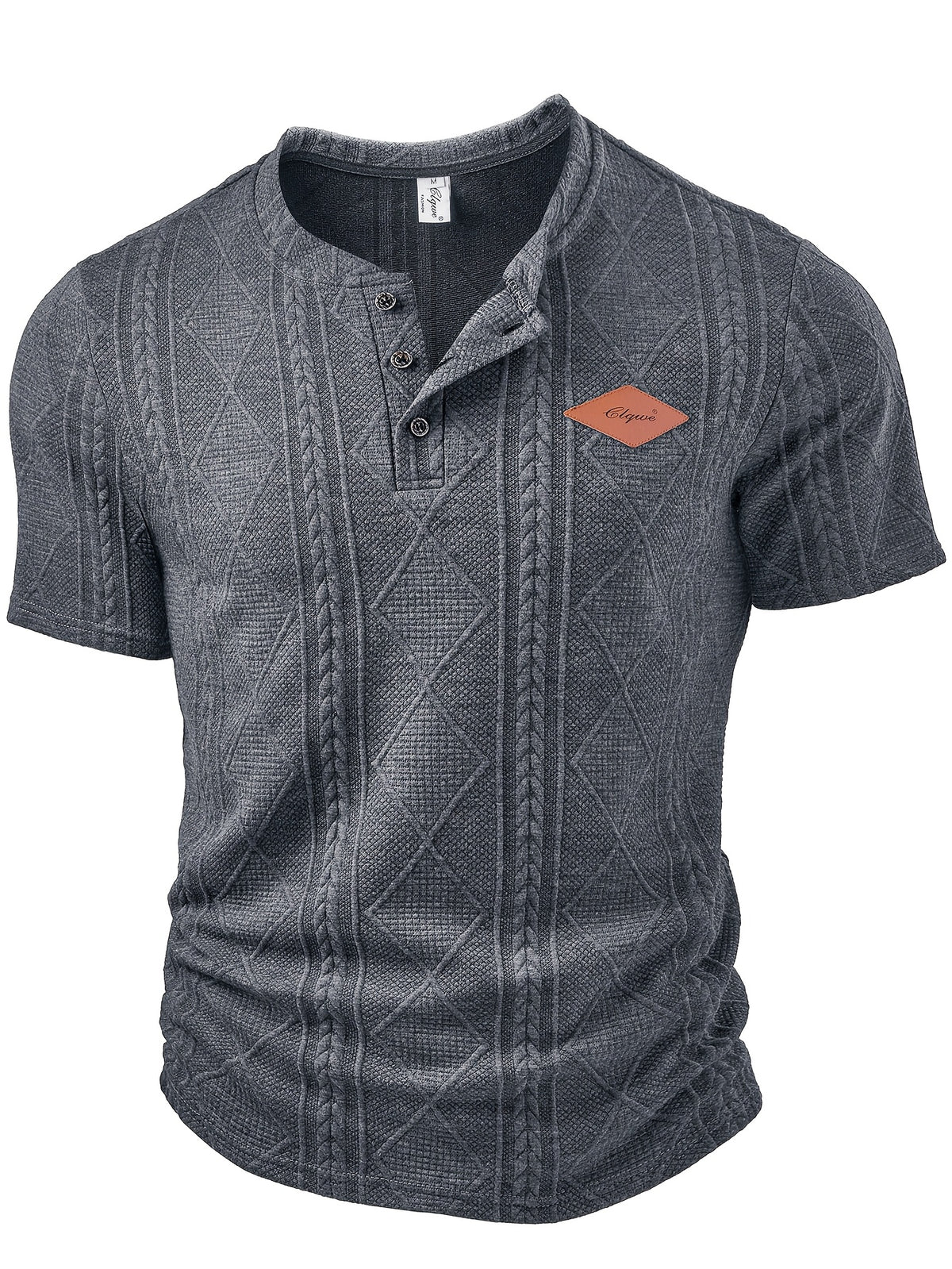 Men's Fashion Top, Spring/Summer Outdoor Casual Textured Jacquard Fabric, Round Neck Single-Breasted Button Henley Shirt with Patch Pocket and Short Sleeves - Dark Gray
