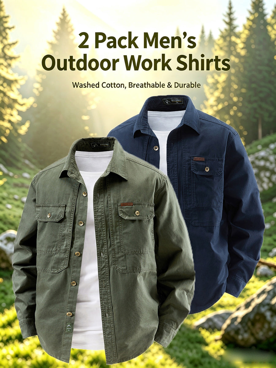 2pcs Men'S 100% Utility Long Sleeve Shirts, Spring/Autumn Vintage Washed Loose Fit, Stiff Non-Deformable Collar, Large Capacity Chest Pockets for Phone, Brass Metal Buttons, Straight Windproof Cuffs - Army Green+Blue
