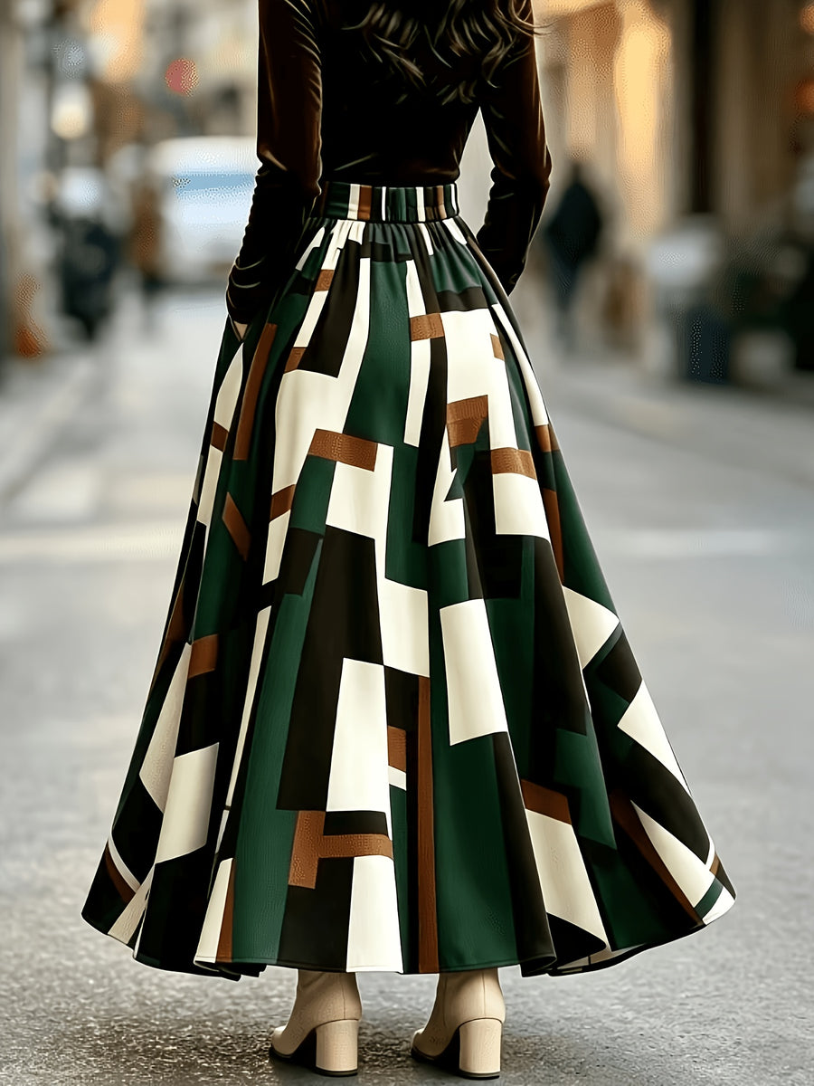 Women'S High-Waist A-Line Loose-Fit Elegant Casual Versatile Geometric Pattern Floral Waist Tie-Bow Belt Design Long Midi Skirt for All Seasons - Green