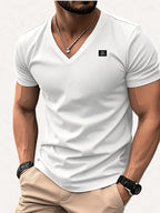 180G100C Men'S V-Neck Solid Color Short Sleeve Shirt, Placement Left Chest Patch "FODOEE" Summer Global Seasons Base Layer Factory Made Men'S Man Comfortable High Quality High - White