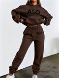 ALO ADVOCACIA Black Text Pattern Autumn/Winter Fashion 2pcs -Lined Set, Women's Printed Casual Outfit, Elegant Women's Clothing - Coffee Color