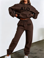 ALO ADVOCACIA Black Text Pattern Autumn/Winter Fashion 2pcs -Lined Set, Women's Printed Casual Outfit, Elegant Women's Clothing - Coffee Color