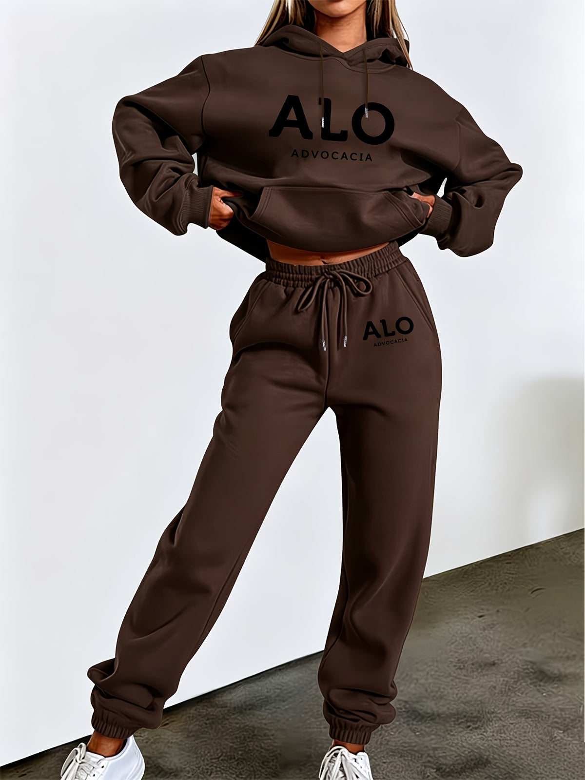 ALO ADVOCACIA Black Text Pattern Autumn/Winter Fashion 2pcs -Lined Set, Women's Printed Casual Outfit, Elegant Women's Clothing - Coffee Color