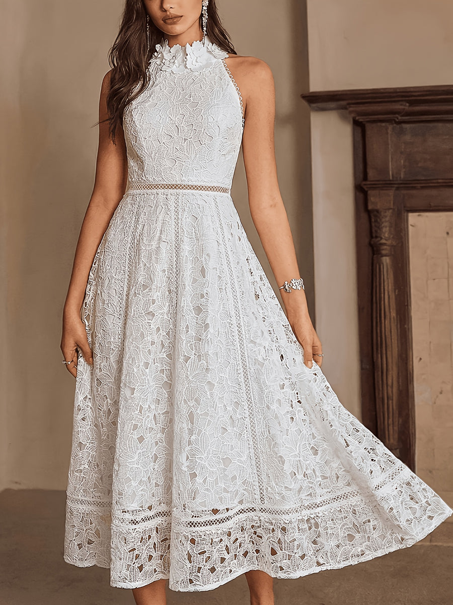 Women'S Halter Lace 3D Floral Neckline Sleeveless French Elegant Light Luxury Elegant Evening Dress - Ivory White
