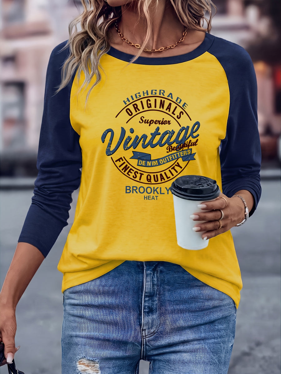 Brooklyn Vintage Pattern Design European and American Style Women's Daily Versatile Comfortable Casual Color-Blocked Crew Neck Raglan Long Sleeve T-Shirt - Yellow collides with deep blue