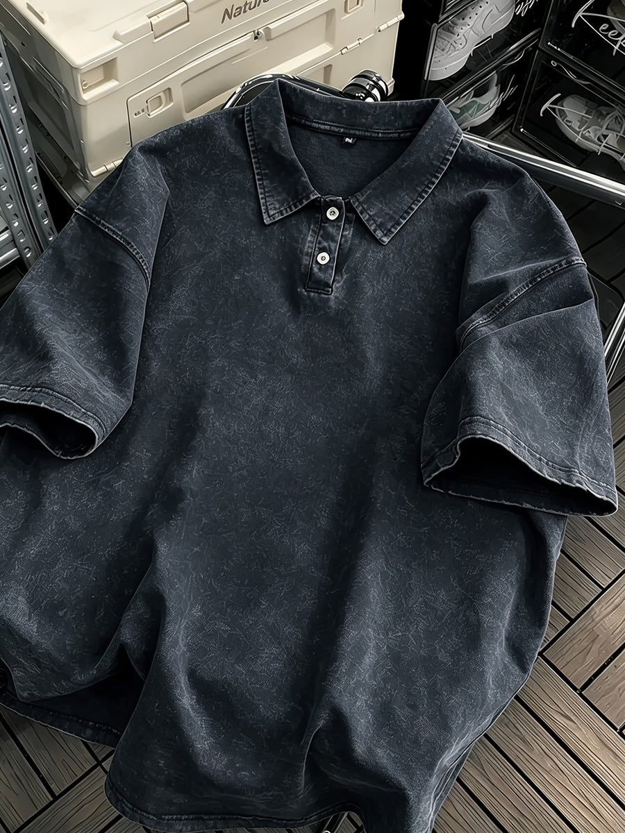 New American Hip-Hop Punk Style Washed Black Short Sleeve Lapel Loose T-Shirt for Men And Women - Retro Distressed Design, Lightweight And Breathable Fabric, Streetwear Trendy Loose Top, Suitable for Casual Wear And Outerwear - Purplish Blue