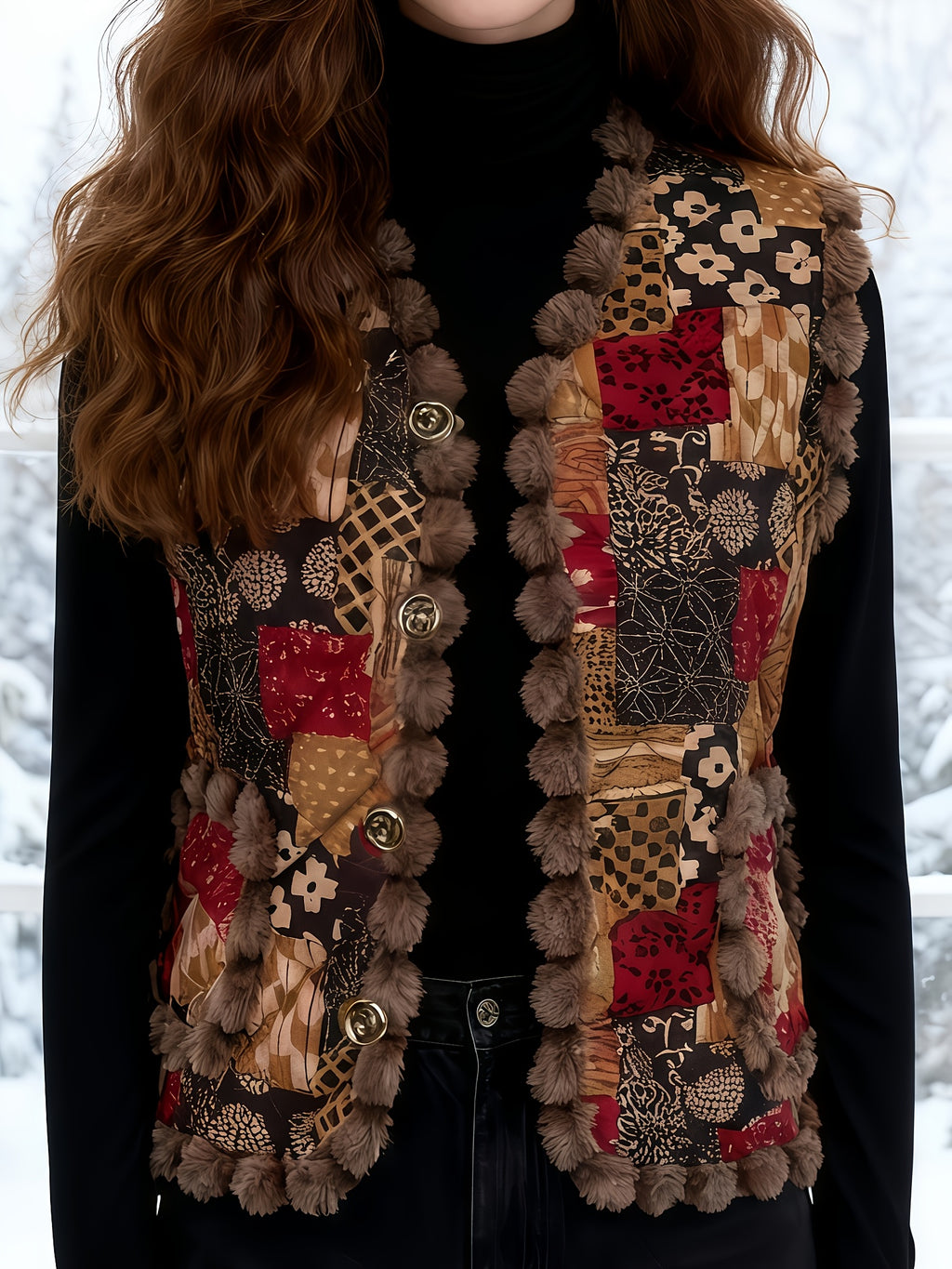 Autumn/Winter Women's Vintage Patchwork Plush-Trimmed Vest with Metal-Look Buttons, Classic Fashion, Versatile Daily Commute Style, Artistic Soft Romantic Aesthetic, Casual Comfortable Lightweight Warm Plush-Lined Vest Jacket - Mixed colors