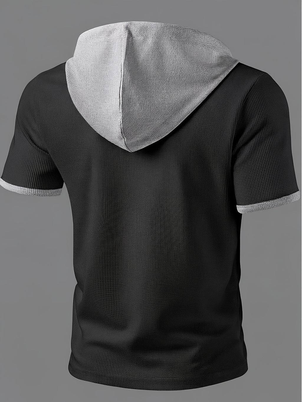 ROYALBOY Spring New Arrival: Hooded Short Sleeve with Dual-Color Waffle Knit Patchwork and Eyelet Drawstring Design. Versatile for Daily Wear, Fashionable Casual Style, Suitable for Gatherings and Parties. Machine Washable, Not Dry Cleanable - Black