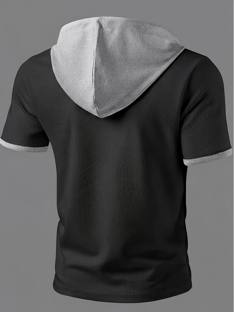 ROYALBOY Spring New Arrival: Hooded Short Sleeve with Dual-Color Waffle Knit Patchwork and Eyelet Drawstring Design. Versatile for Daily Wear, Fashionable Casual Style, Suitable for Gatherings and Parties. Machine Washable, Not Dry Cleanable - Black