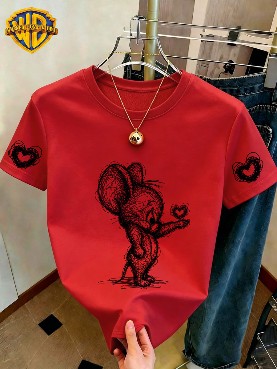 WB Women's Officially Licensed. Mouse & Hearts T-Shirt - Cute Mouse Sketch Short Sleeve Crew Neck Top with Double Heart Cuff Decorations, Casual Summer Suitable for Daily Commute, Home Wear, & Office Outfits - Red