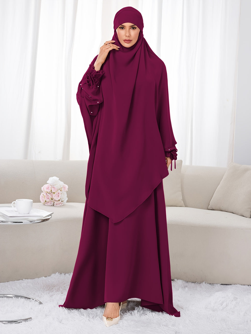 Women's 2pcs Modest Islamic Abaya & Khimar Suit - Elegant Full Coverage Prayer Dress with Headscarf, Pure Color Muslim Dress Suitable for Daily Wear, Hajj, Ramadan, Travel - Abaya Robe for Muslim Women - Deep Red