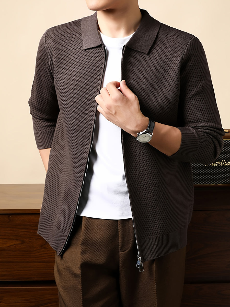 Men's Lapel Zipper Twill Knit Cardigan, Featuring a Classic Small Lapel Structure That Distinguishes It from Ordinary Crewneck Sweaters, Exuding a Sharp and Capable Business Aesthetic - SINBOS - Coffee Color