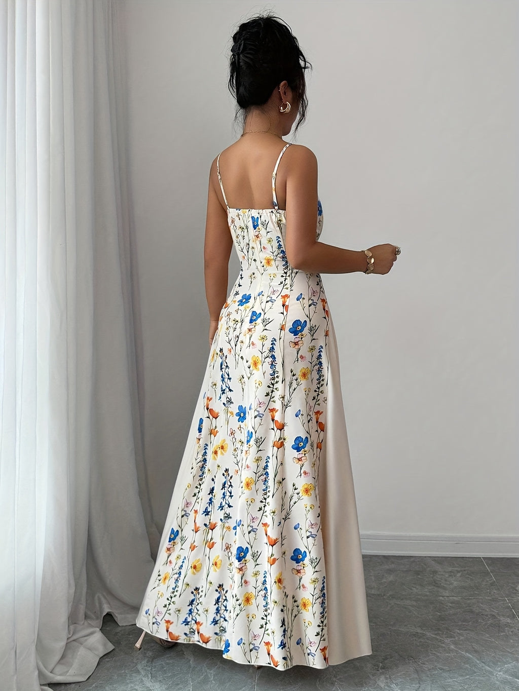 Elegant Floral Print Maxi Dress | French Romantic Spaghetti Strap, Flared Hem, Sleeveless, Backless Detail, Ideal for Spring/Summer - Multicolor