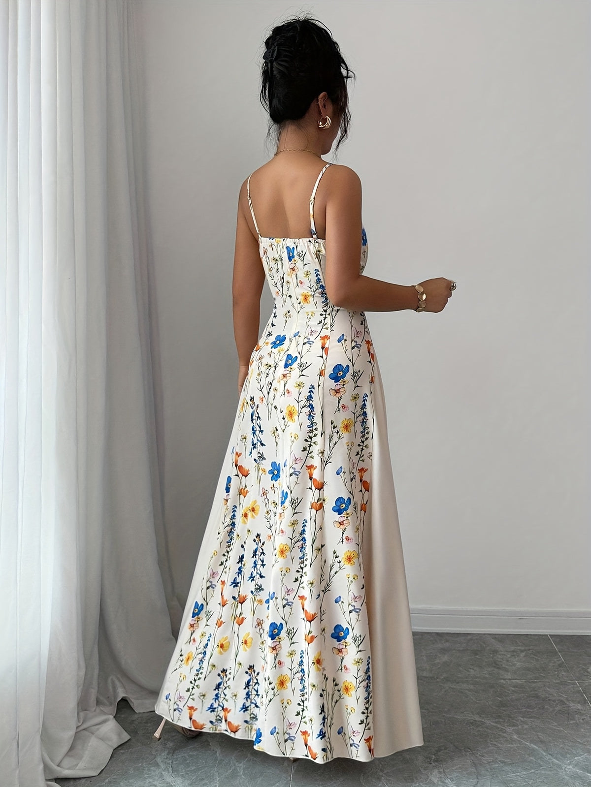Elegant Floral Print Maxi Dress | French Romantic Spaghetti Strap, Flared Hem, Sleeveless, Backless Detail, Ideal for Spring/Summer - Multicolor