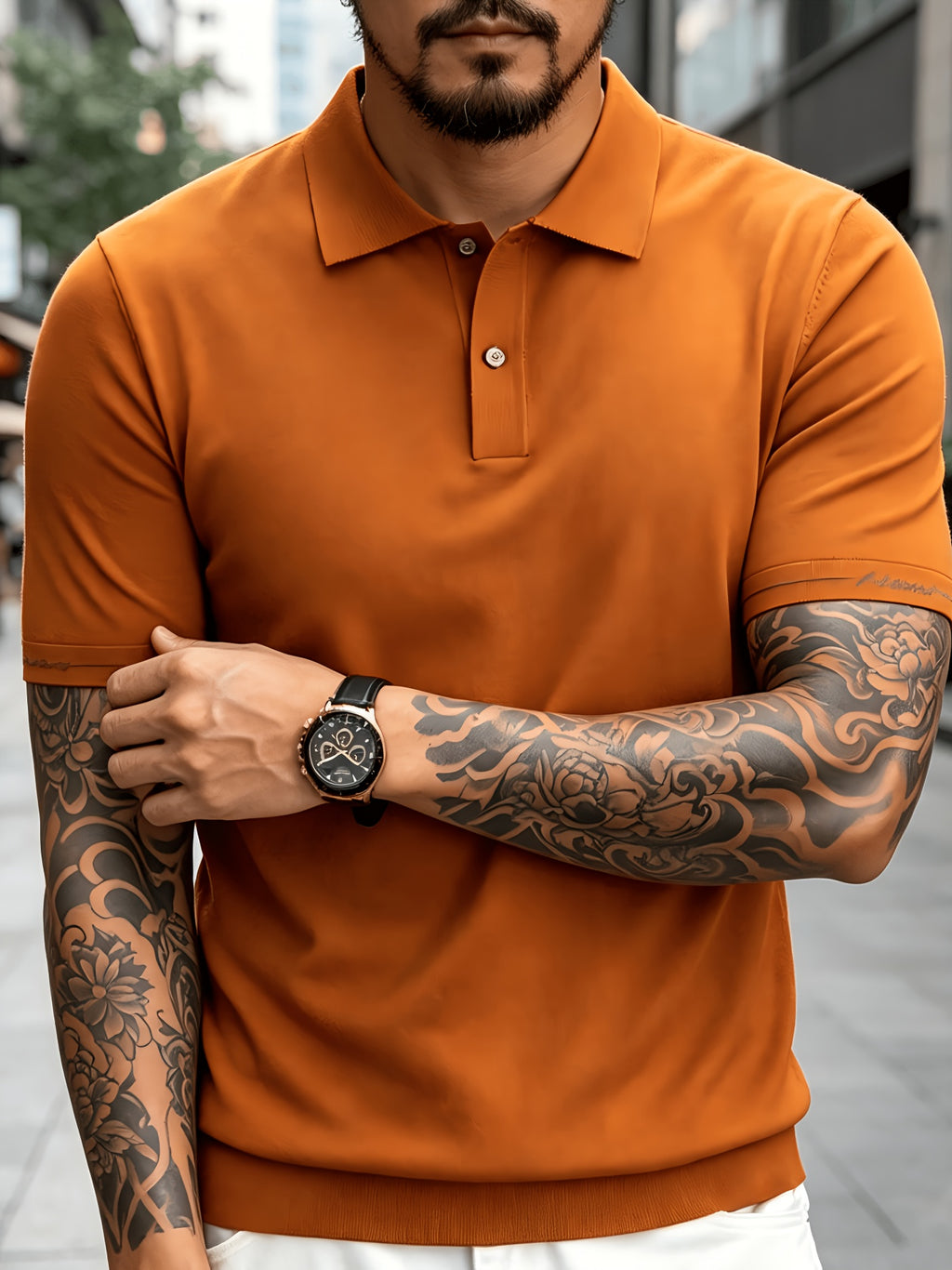 Men's Knitted Short-Sleeve Polo Shirt - Urban Street Scene Exterior Shot, Slim Fit, Lapel Collar, Two-Button, Business Casual Commuter Thin Top, Solid Color Knit Top with Embroidered Cuff Design - Emma Orange