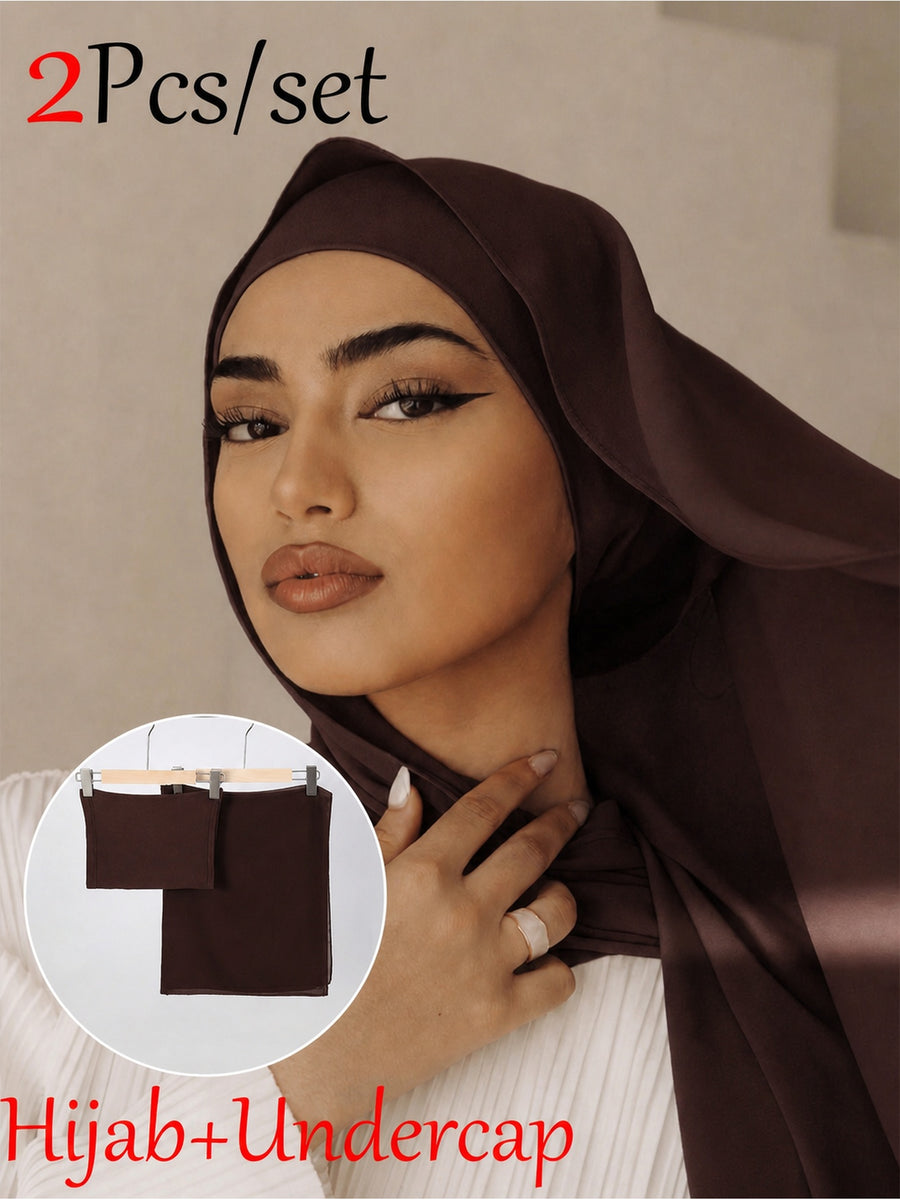 2pcs/Set Includes One Solid-Color Chiffon Headscarf And One Tube-Style Under-Cap. Made from High-Quality, Durable Chiffon, The Set Is Smooth, Comfortable, And Breathable. Suitable for Daily Wear, Commuting, And Eid Prayers; Perfect for All Seasons - Reddish Brown